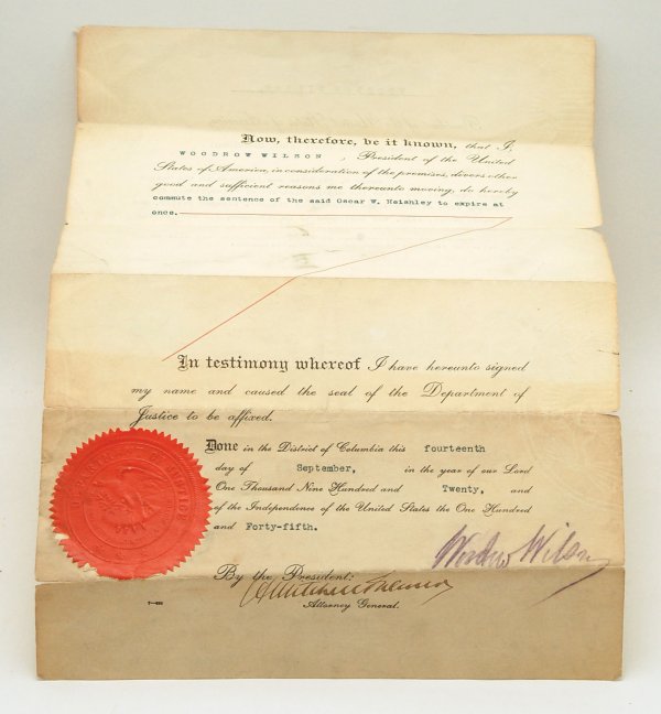 Appraisal: Signed Presidential clemency document dated September signed by Woodrow Wilson