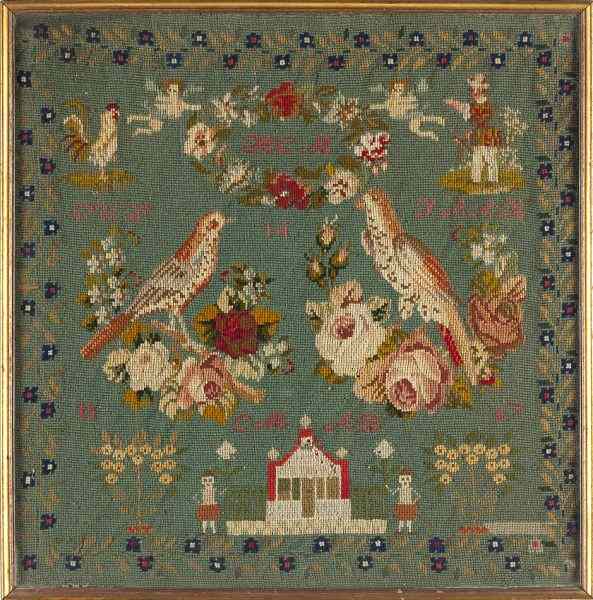 Appraisal: Pictorial Needlepoint worked in colored wool on an open weave