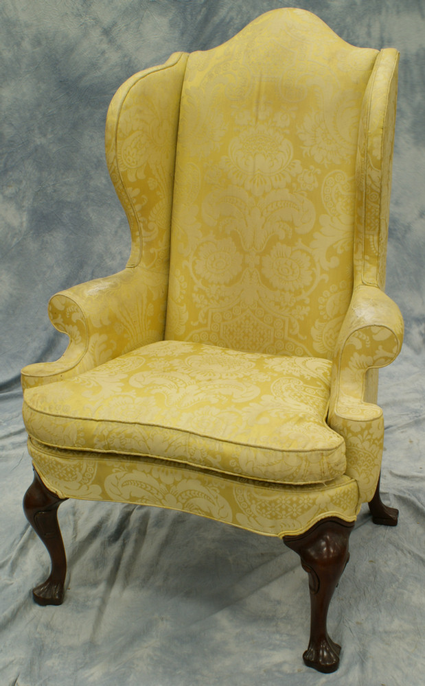 Appraisal: Light gold damask upholstered Queen Anne style wing chair Hickory