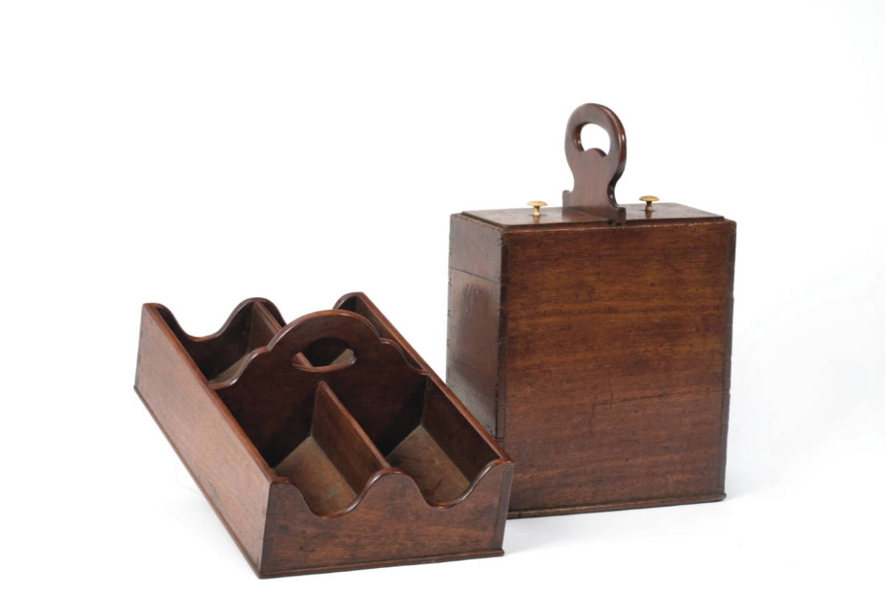 Appraisal: GEORGE III MAHOGANY WINE TRAY AND A MAHOGANY TWO-BOTTLE CARRYING