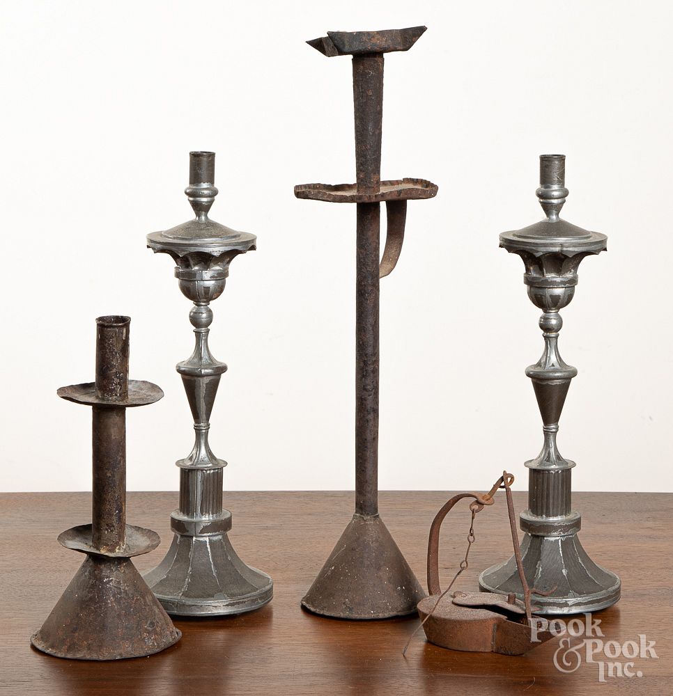 Appraisal: Five pieces of tin and iron lighting Five pieces of