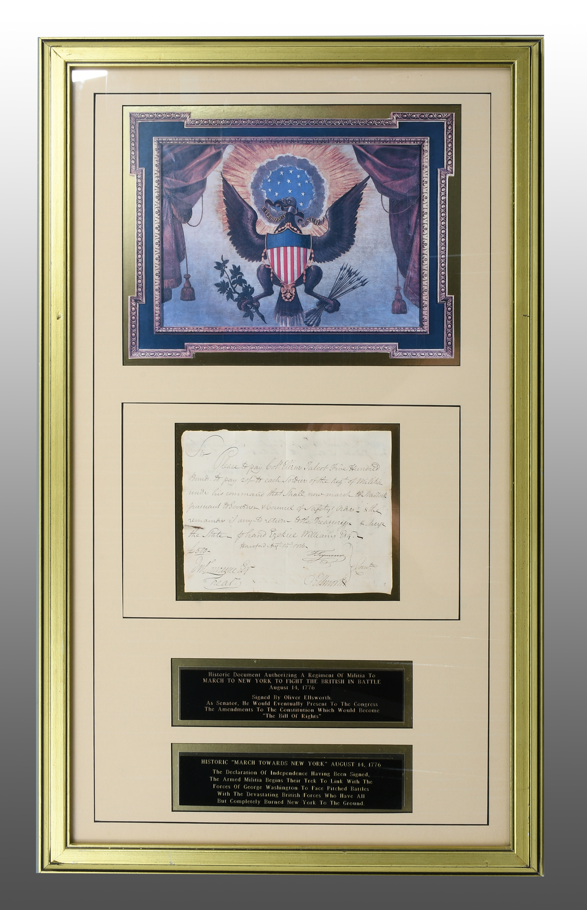 Appraisal: HISTORICAL OLIVER ELLISWORTH SIGNED DOCUMENT Framed historical Revolutionary War document