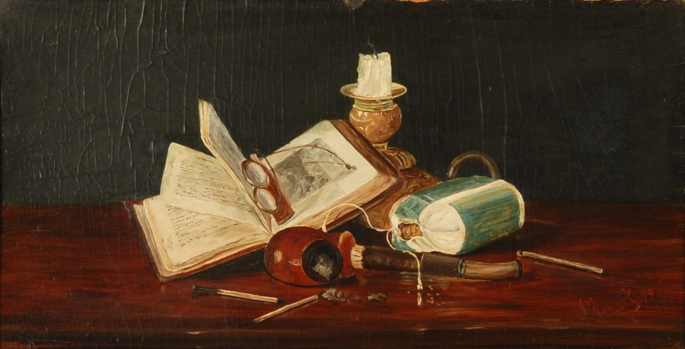 Appraisal: J KENDRICKAmerican Late th CenturyStill life with pipe book candlestick