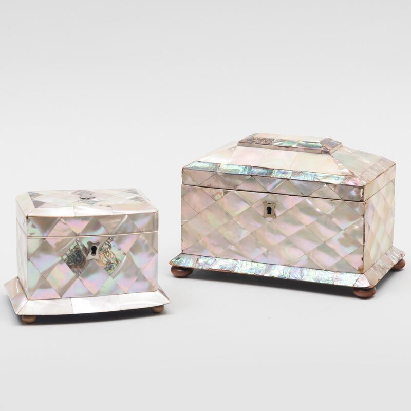 Appraisal: Two English Mother-of-Pearl Veneered Tea Caddies The larger x x