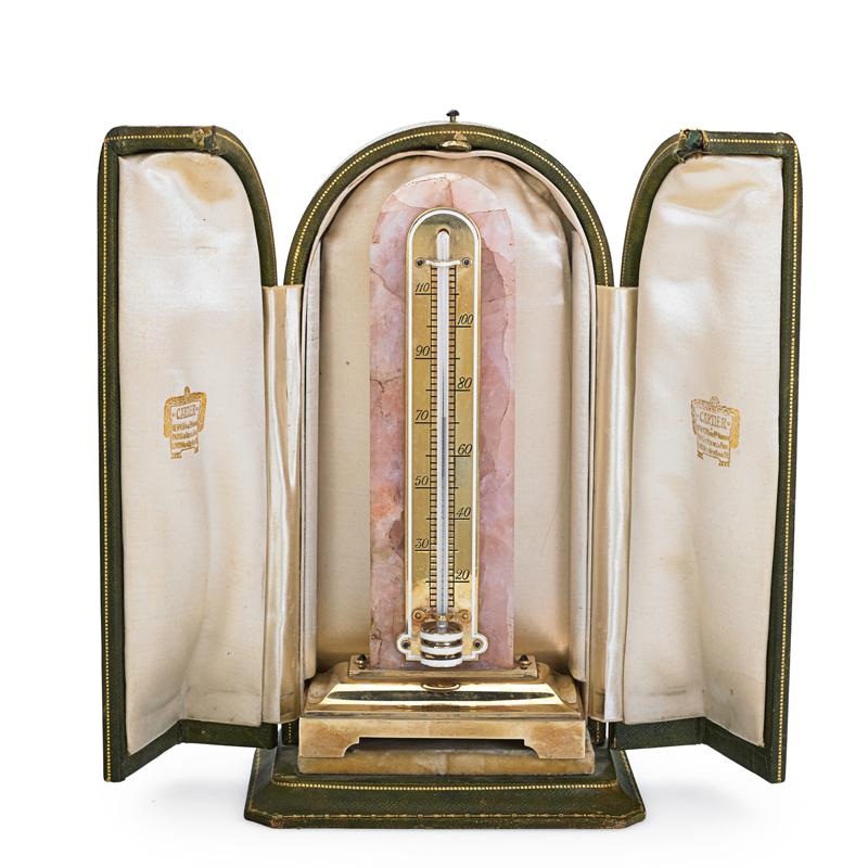 Appraisal: CARTIER ENAMELED GOLD ROSE QUARTZ DESK THERMOMETER Rose quartz tablet