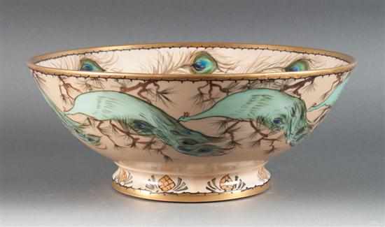 Appraisal: Limoges peacock painted porcelain footed centerbowl late th century exterior