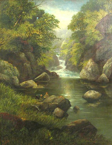 Appraisal: George B Yarnold British A waterfall with two figures on