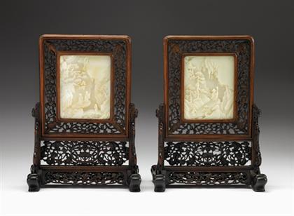 Appraisal: Good pair of Chinese white jade insert hardwood table screens