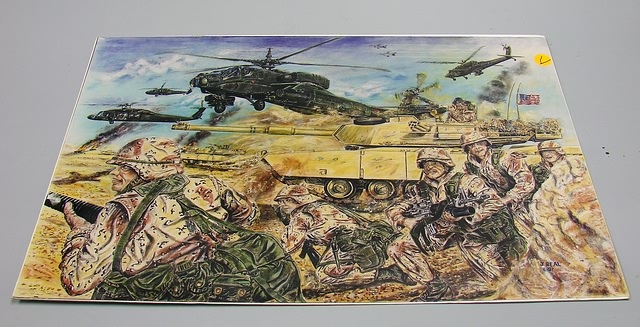 Appraisal: Jim Beal print showing U S land and air attack