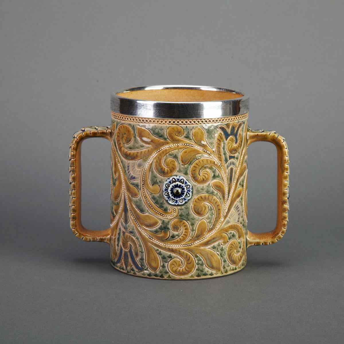 Appraisal: Doulton Lambeth Stoneware Loving Cup with silver mounted rim height