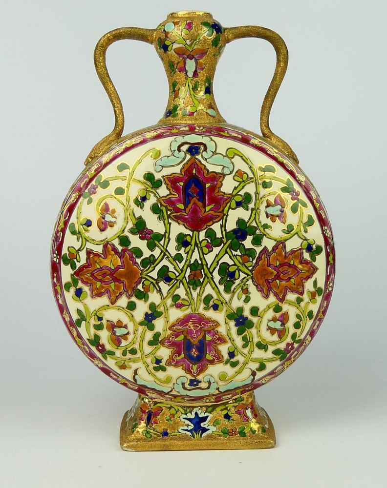 Appraisal: FISCHER BUDAPEST ANTIQUE PORCELAIN MOON FLASK Decorated in typical Hungarian