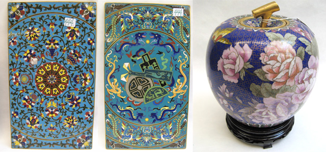 Appraisal: THREE CHINESE CLOISONNE ITEMS two plaques and an apple form