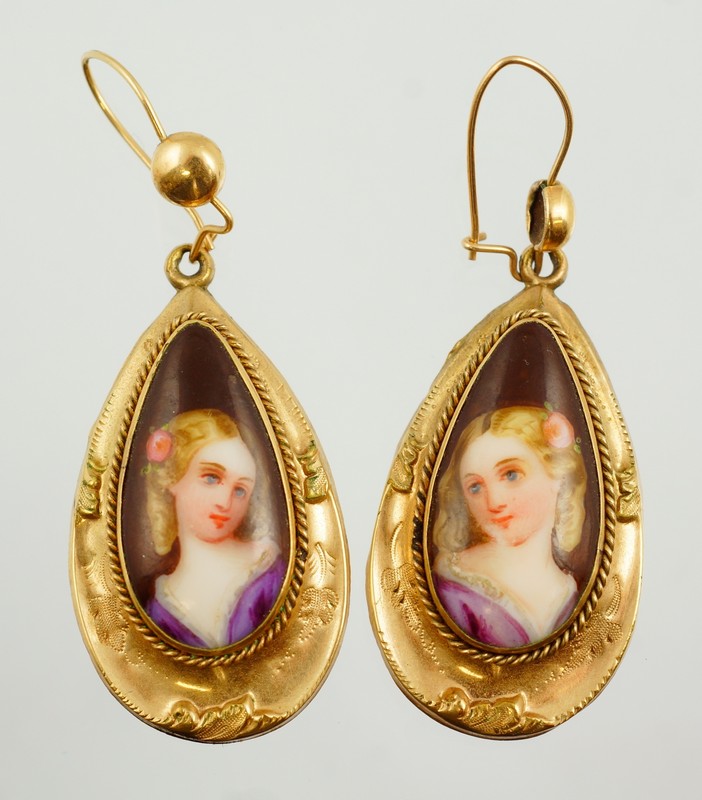 Appraisal: Pr unmarked YG earrings set with porcelain portrait plaques GF