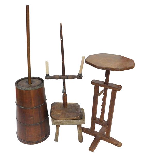 Appraisal: Four American primitives candle stands butter churn and stool two