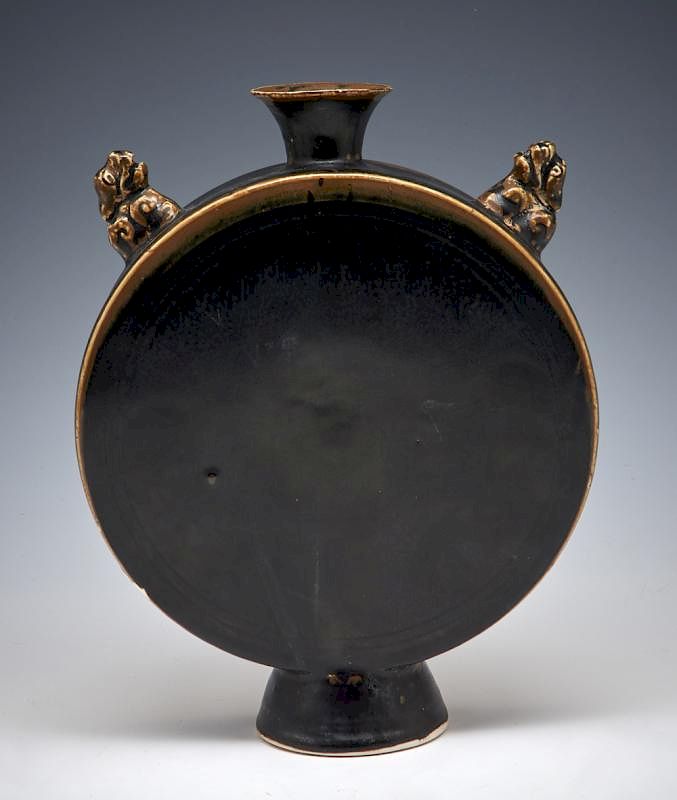 Appraisal: Rare Black Ding-Ware Moon Flask Rare Black Ding-Ware Moon Flask