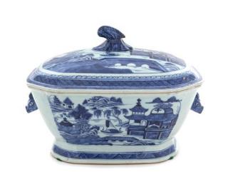 Appraisal: A Canton Blue and White Covered Tureen Height inches A