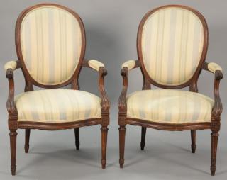 Appraisal: Pair of Louis XVI French style upholstered armchairs with oval