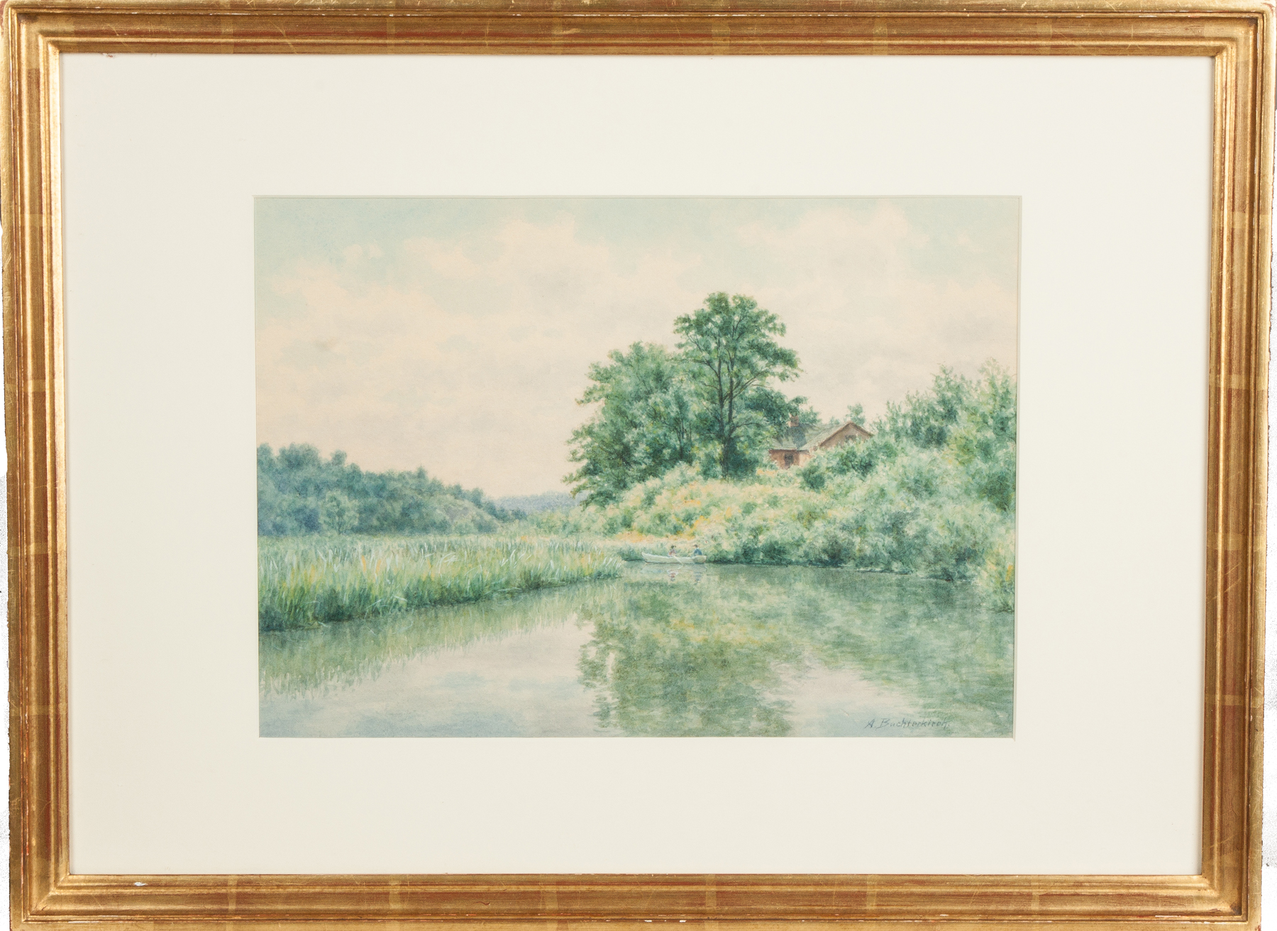 Appraisal: Armin Buchterkirch American - Stream scene with canoe cottage Sgn