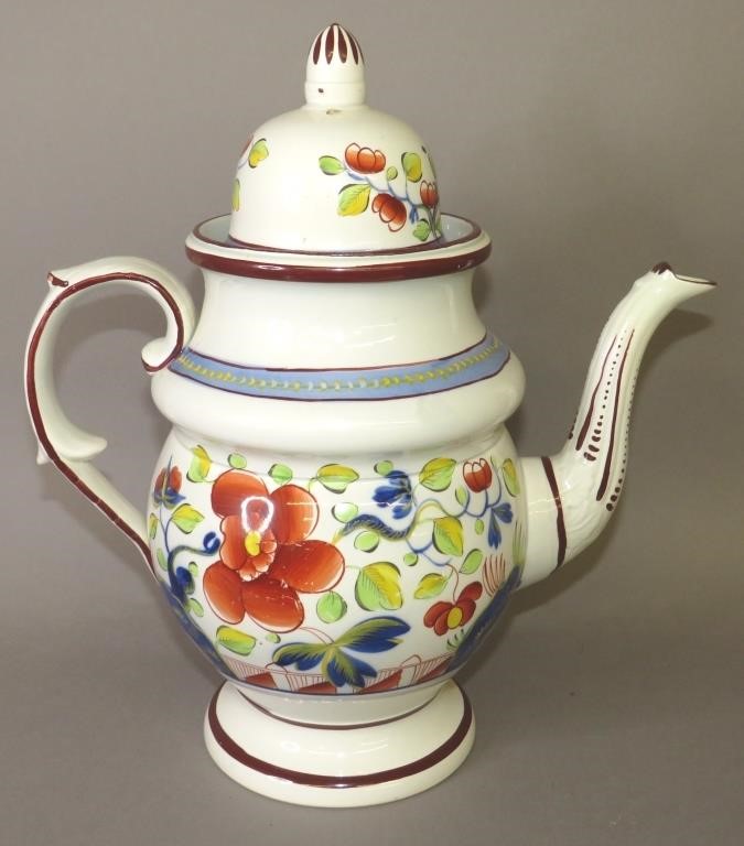 Appraisal: PEARLWARE DOME TOP COFFEE POT GAUDY DUTCH SINGLEca pearlware covered