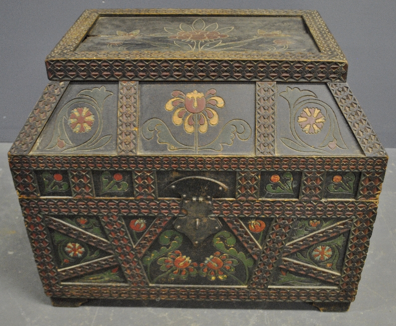 Appraisal: - Oak floral paint decorated and Chippendale carved storage chest