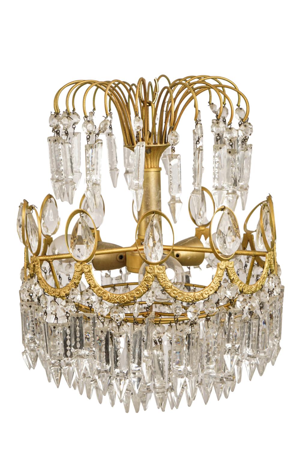 Appraisal: FRENCH GILT METAL DROP CRYSTAL CHANDELIERCondition with bending to wires