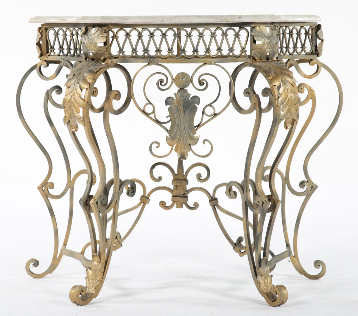 Appraisal: Italian Rococo style wrought iron console table shaped white variegated