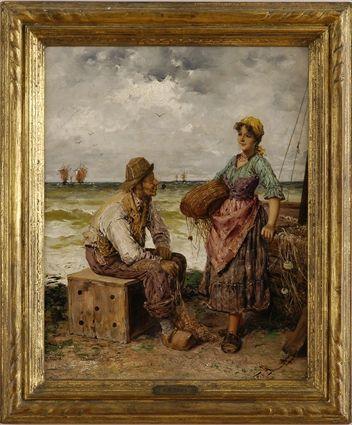 Appraisal: FREDERICK REGINALD DONAT - FISHERMAN AND MAIDEN Oil on canvas