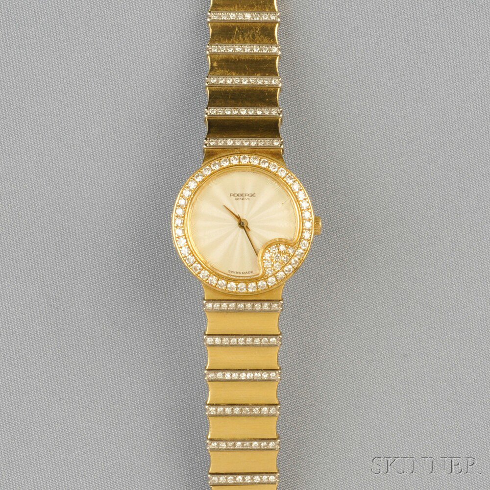 Appraisal: kt Gold and Diamond Wristwatch Roberge the ivory guilloche dial