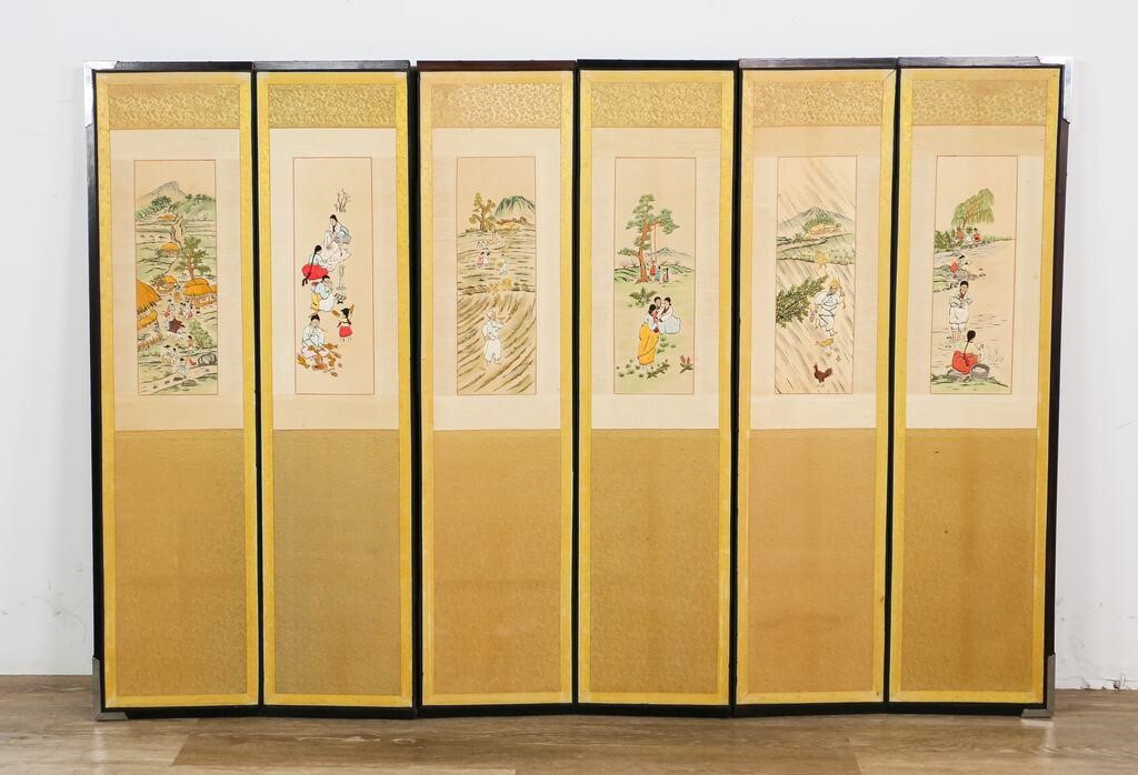 Appraisal: panel silk embroidered Japanese screen Each panel featuring scenes of