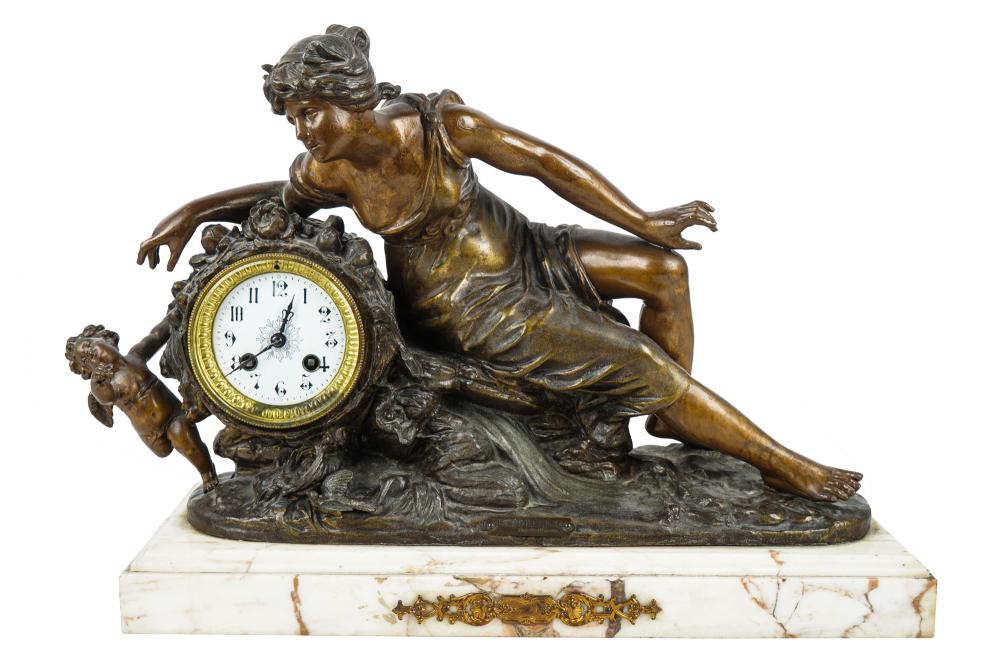 Appraisal: FRENCH METAL MANTLE CLOCKresting on marble base with French movement