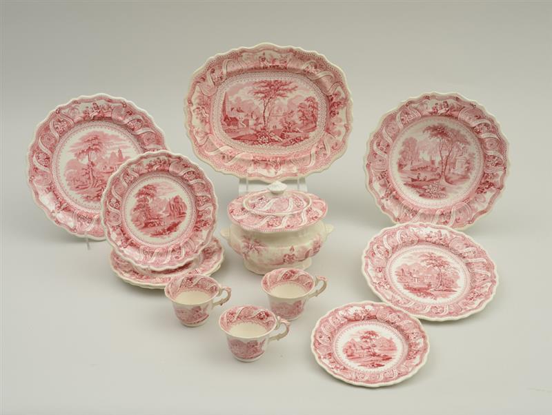 Appraisal: GROUP OF TWELVE STAFFORDSHIRE RED TRANSFER-PRINTED ARTICLES IN THE MORAL