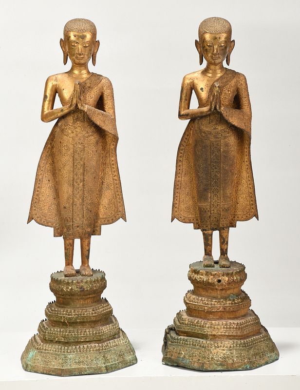 Appraisal: Pair Southeast Asian Gilt Bronze Buddha Figures each peaceful standing