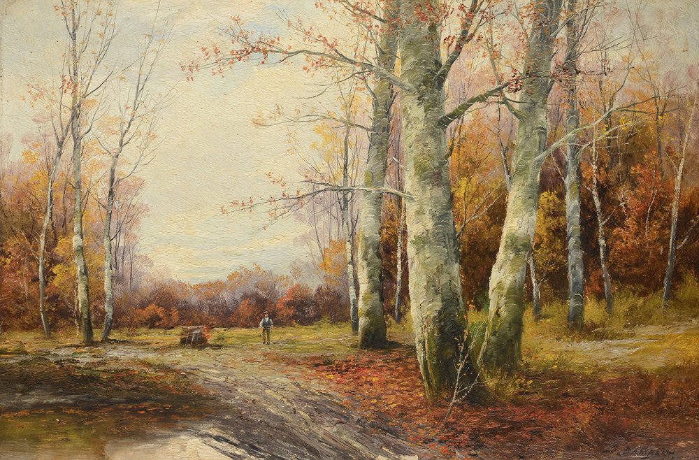 Appraisal: KAUFMANN Karl Austrian - Autumnal Landscape with Figure Oil Crated