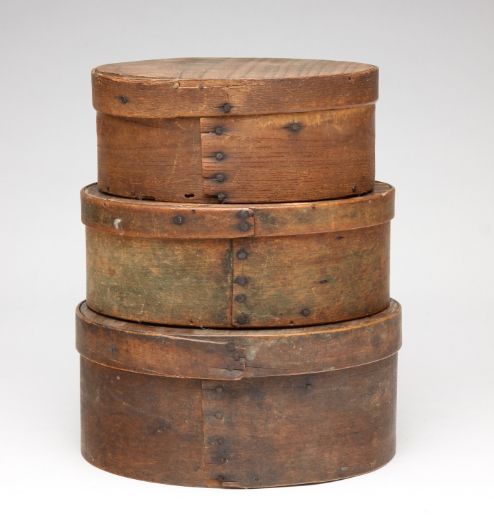 Appraisal: THREE ROUND BENTWOOD LIDDED BOXES American nd half- th century