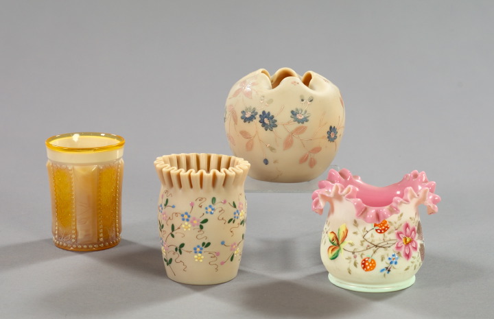 Appraisal: Four-Piece Collection of Art Glass consisting of a floral-enameled monochrome