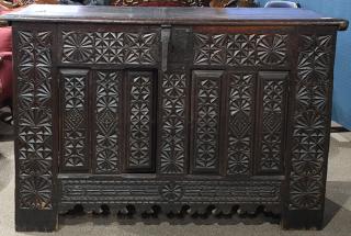 Appraisal: Continental Baroque carved oak cassone Continental Baroque carved oak cassone