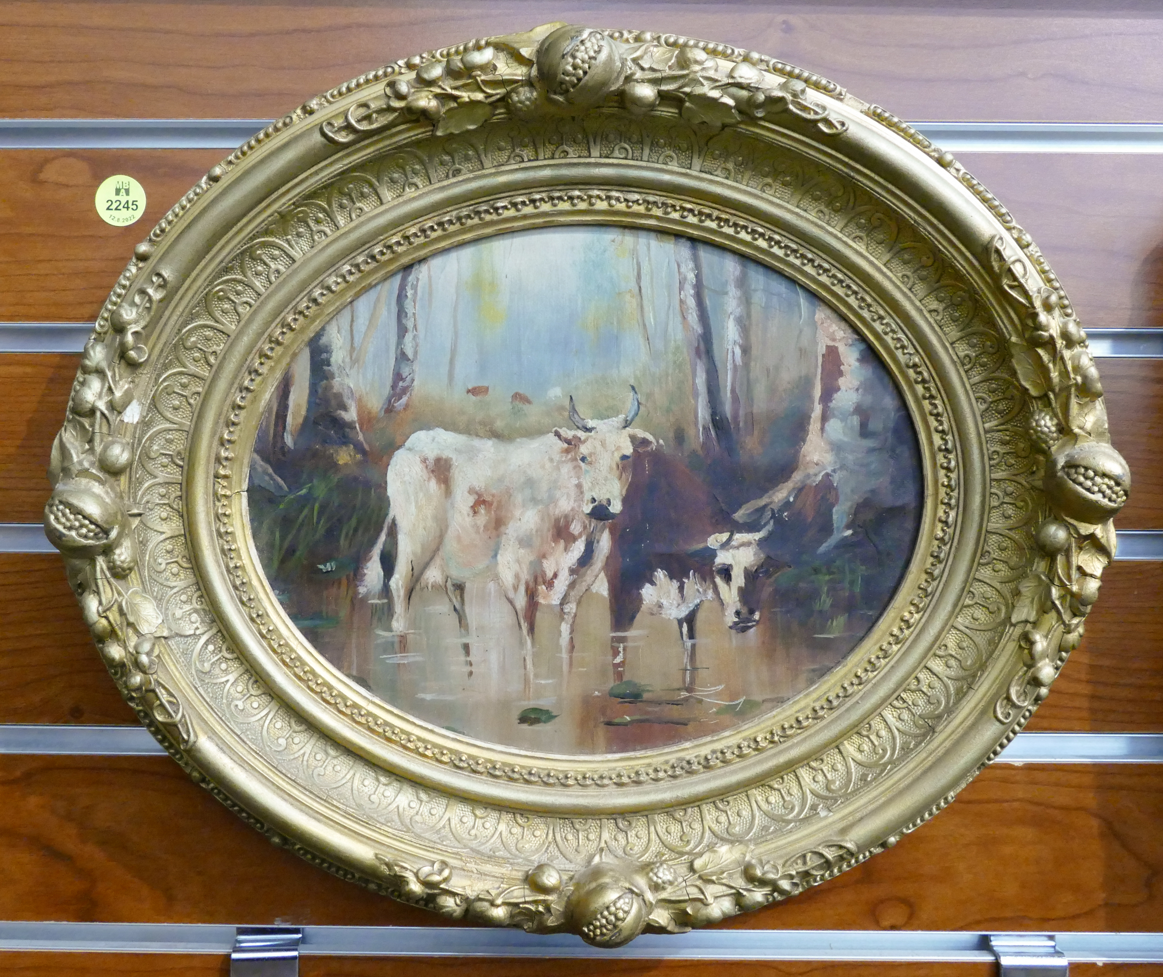 Appraisal: Antique Oval Cow Oil Painting Framed- x ''