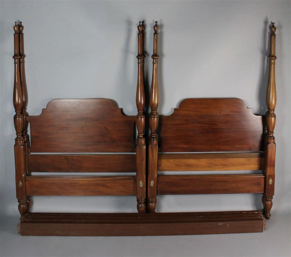 Appraisal: PAIR OF HENKEL HARRIS TWIN MAHOGANY PENCIL POST BEDS with