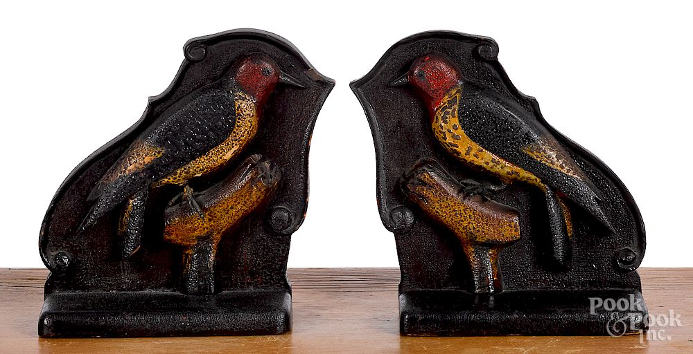 Appraisal: Pair of carved and painted woodpecker bookends Pair of carved