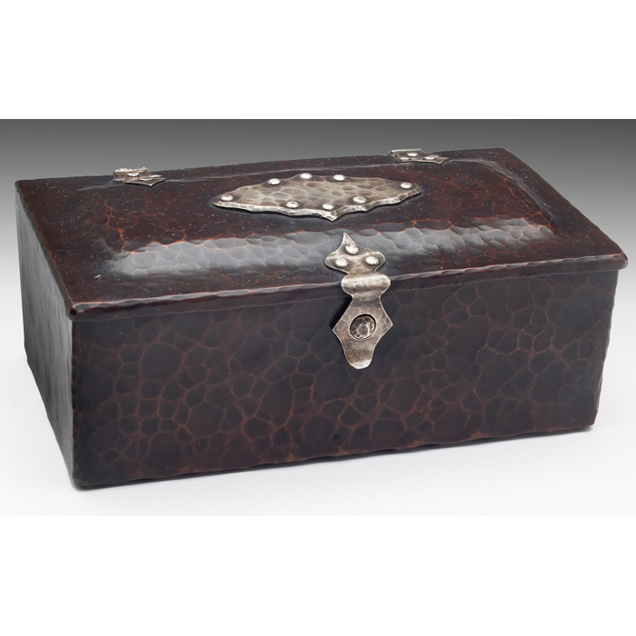 Appraisal: Joseph Heinrichs box hammered copper with applied silver hinges latch