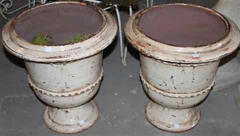 Appraisal: PAIR OF SMALL FRENCH ANDUZE CREAM GLAZED TERRA COTTA URNS