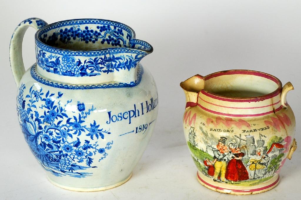 Appraisal: EARLY th CENTURY STAFFORDSHIRE PEARLWARE JUG inscribed Joseph Holland transfer