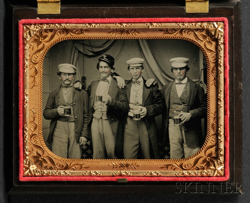 Appraisal: Quarter Plate Ambrotype Portrait of Four Men Holding Mugs of