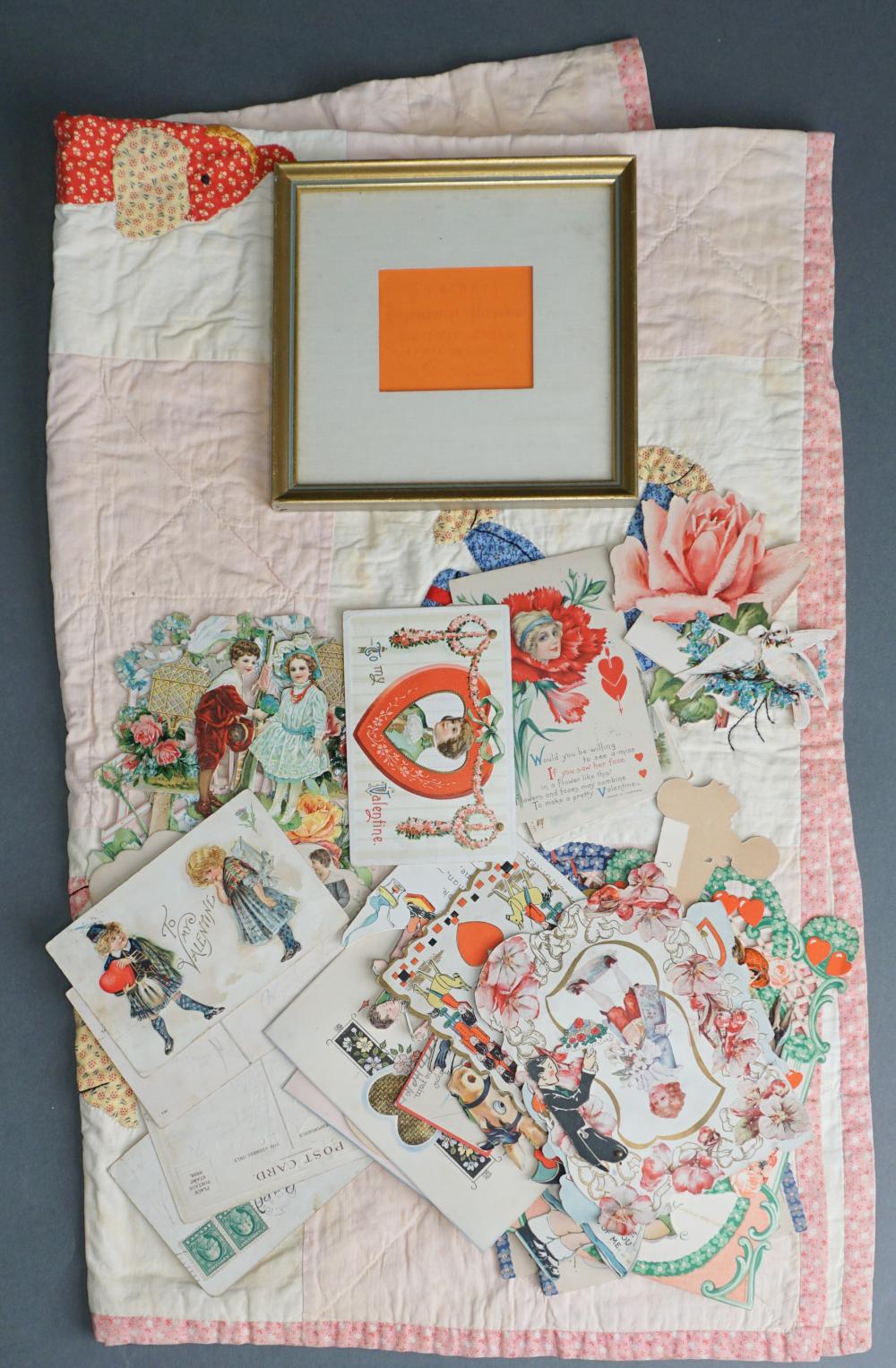 Appraisal: COLLECTION OF VINTAGE PAPER VALENTINE CARDS AND APPLIQUE CRIB QUILTCollection