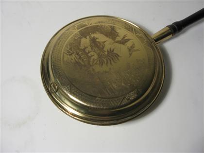 Appraisal: Brass bed warmer th Century with Chinese landscape decoration L