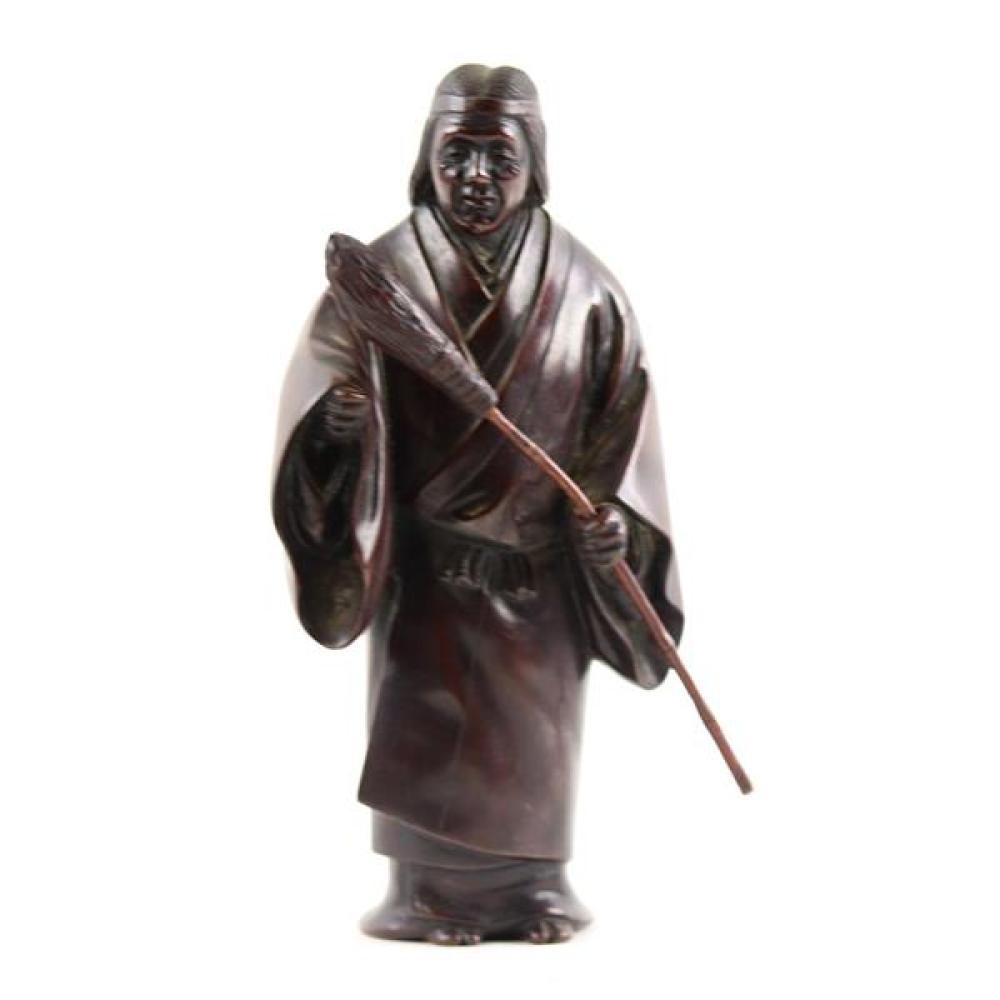 Appraisal: JAPANESE BRONZE FIGURE OF A MAN WITH BROOM Japanese bronze