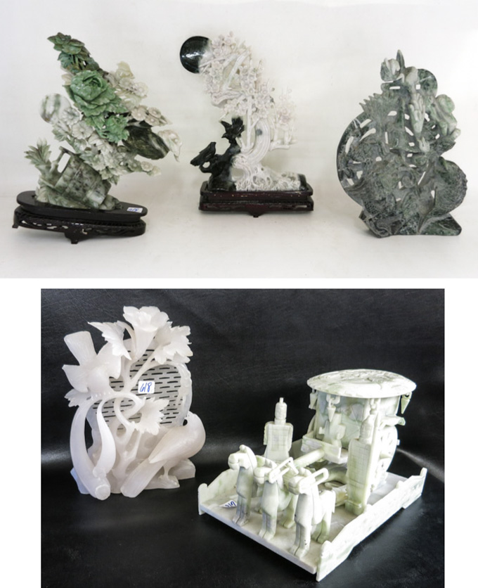 Appraisal: FIVE CHINESE CARVED HARDSTONE SCULPTURES figural group depicting a carriage