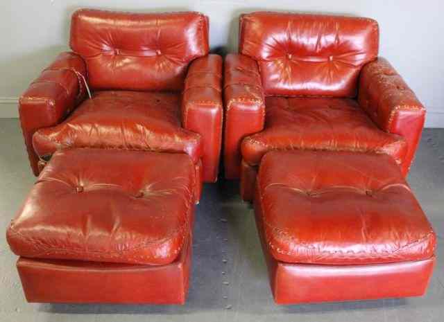 Appraisal: Pair of Red Leather Club Chairs and Ottomans Midcentury From