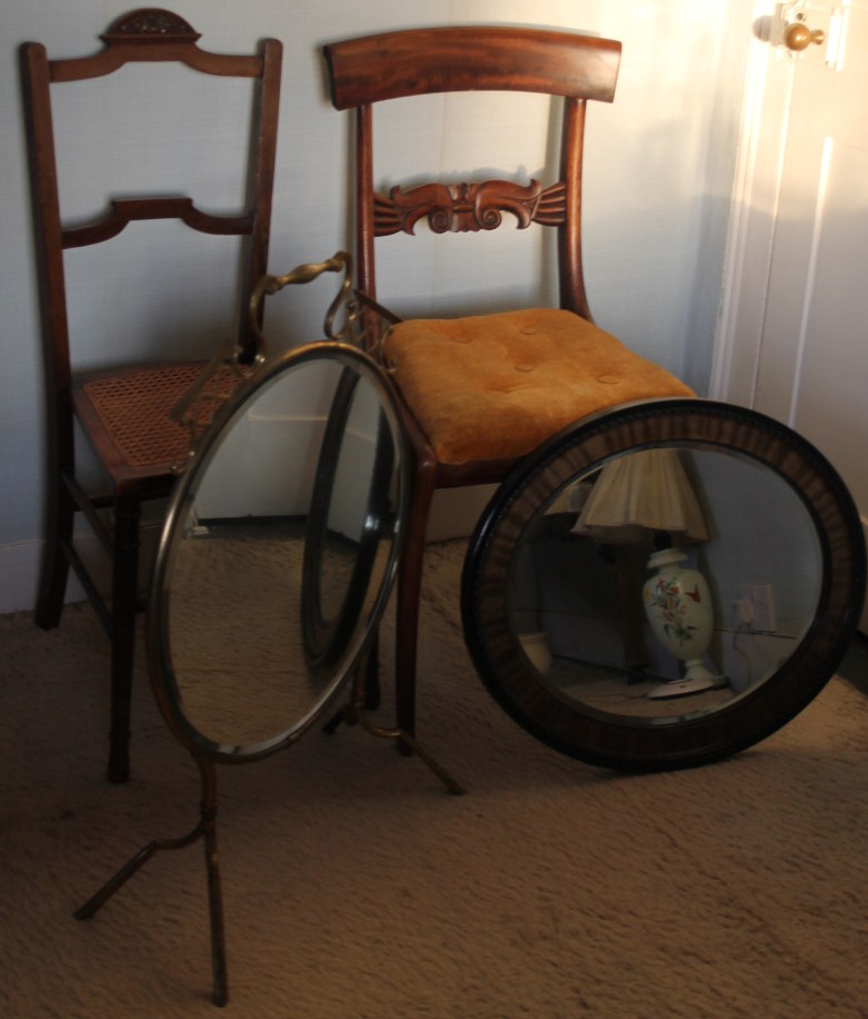 Appraisal: Two thC side chairs a mirror firescreen and oval wall