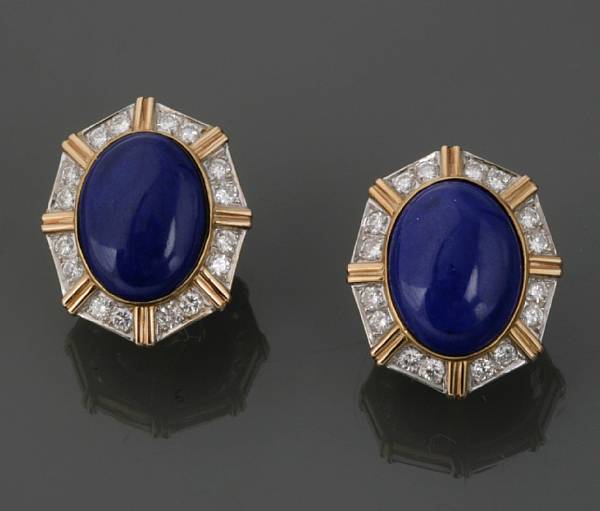 Appraisal: A pair of lapis lazuli and diamond ear clips each